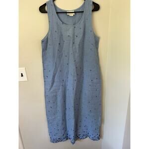 Vintage 90'S Sleeveless Light Blue 100% Linen Dress w/ Floral Details Size M